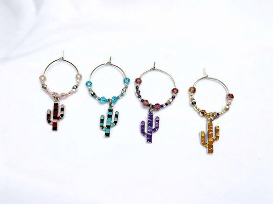 Colorful Enamel Cactus Wine Charms in pink, purple, orange and blue with crystal embelishments