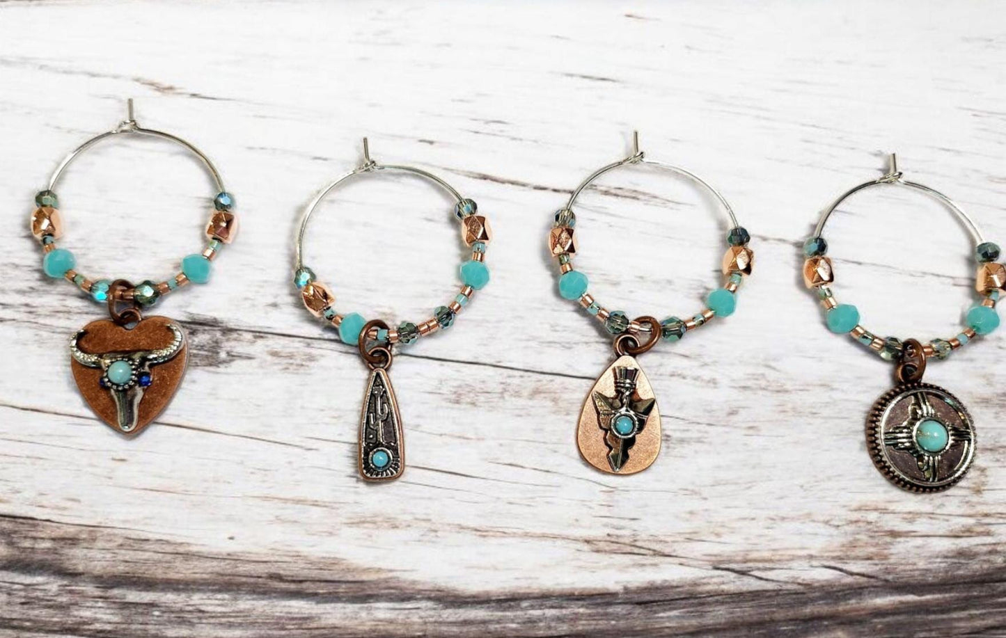 Western Themed Wine Charms in bronze and silver tones wtih crystal beading embelishments