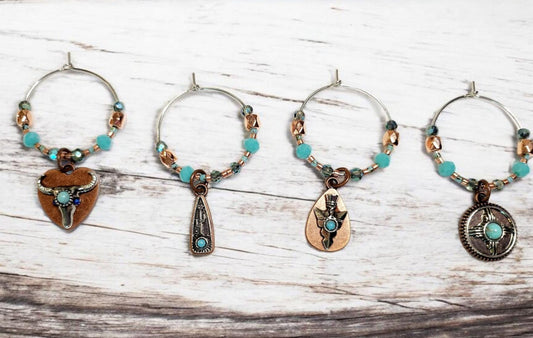 Western Themed Wine Charms in bronze and silver tones wtih crystal beading embelishments