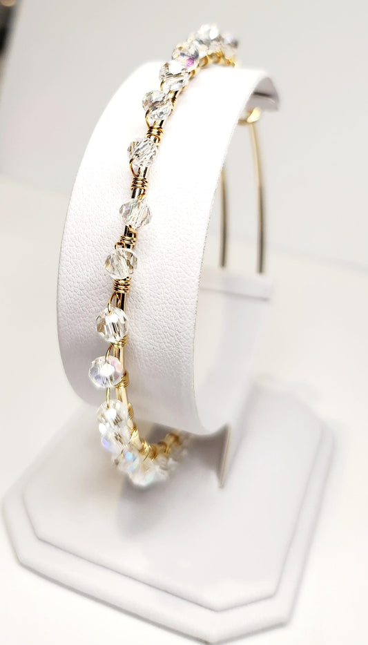 Crystal Beaded Bangle, adjustable gold tone bangle, 2.6inches in width, handcrafted