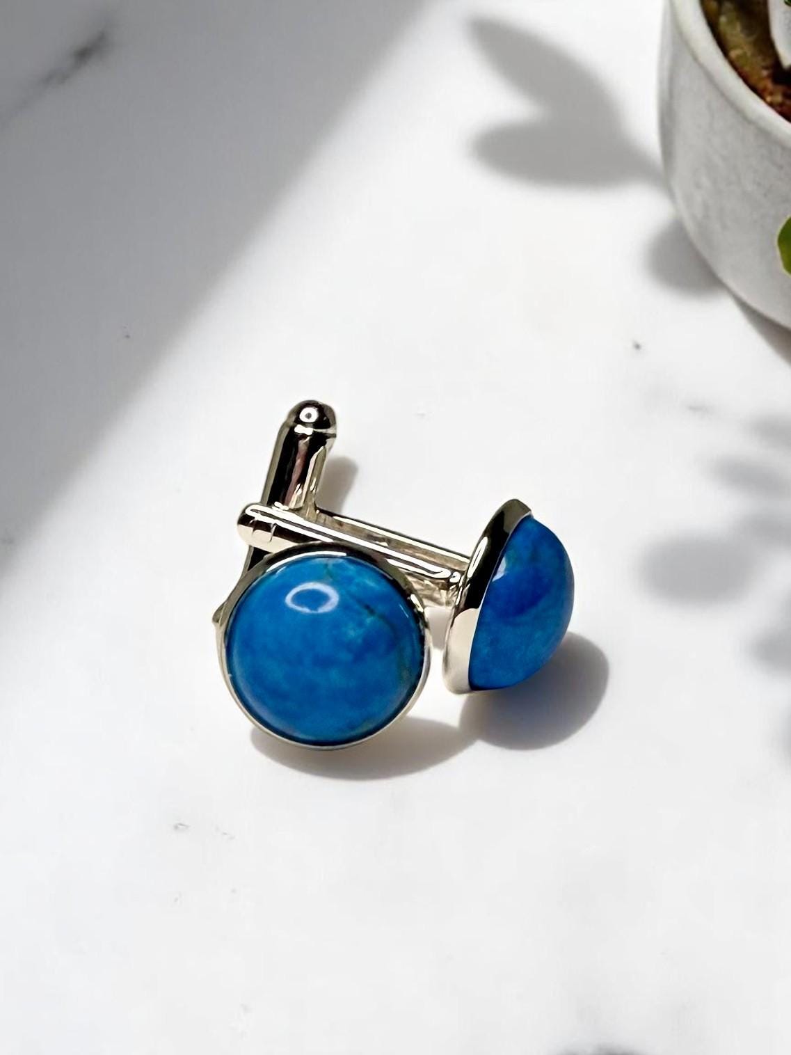 Silver Cuff Links, Blue Howlite ( dyed gemstone)