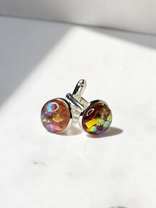 Silver Cuff Links, Pink Dichroic Glass 12mm cabachon