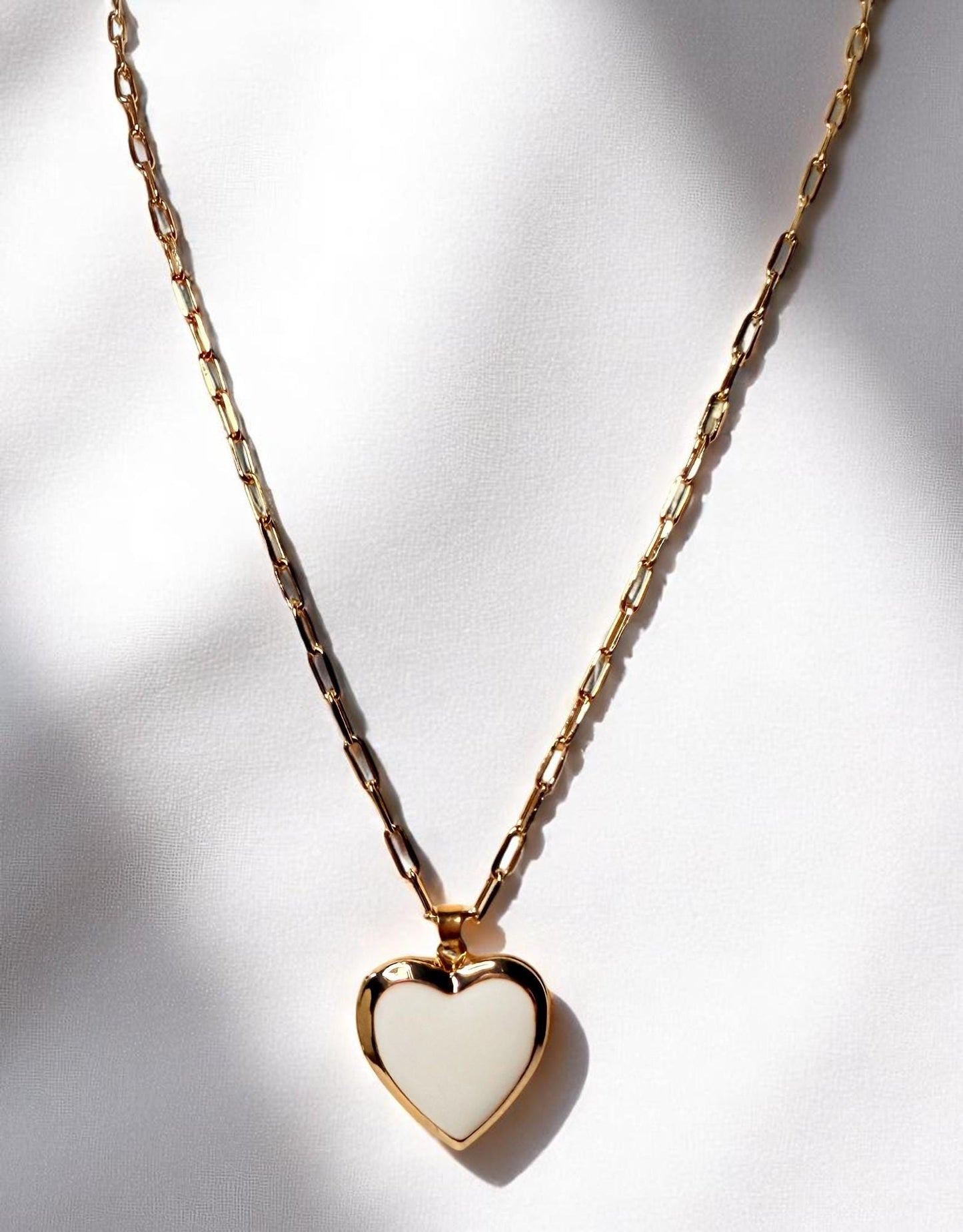 Gold and White Enamel Heart Locket Necklace on 18" Adjustable Paperclip Chain