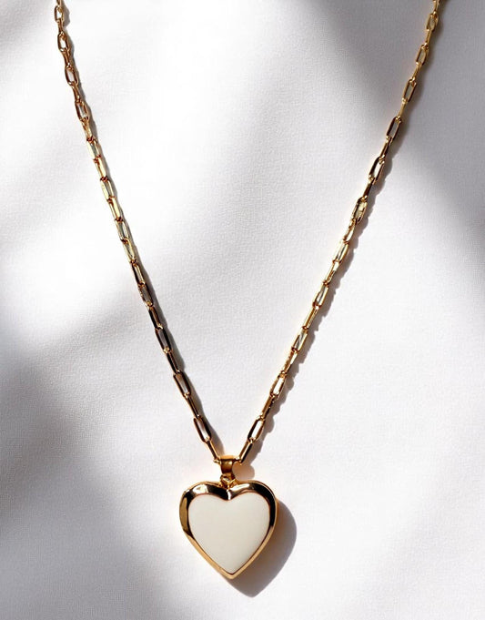 Gold and White Enamel Heart Locket Necklace on 18" Adjustable Paperclip Chain