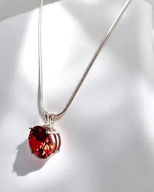 Hessonite Garnet Cubic Zirconia Pendant Necklace – 14mm CZ in Sterling Silver Basket Setting on 18" Snake Chain