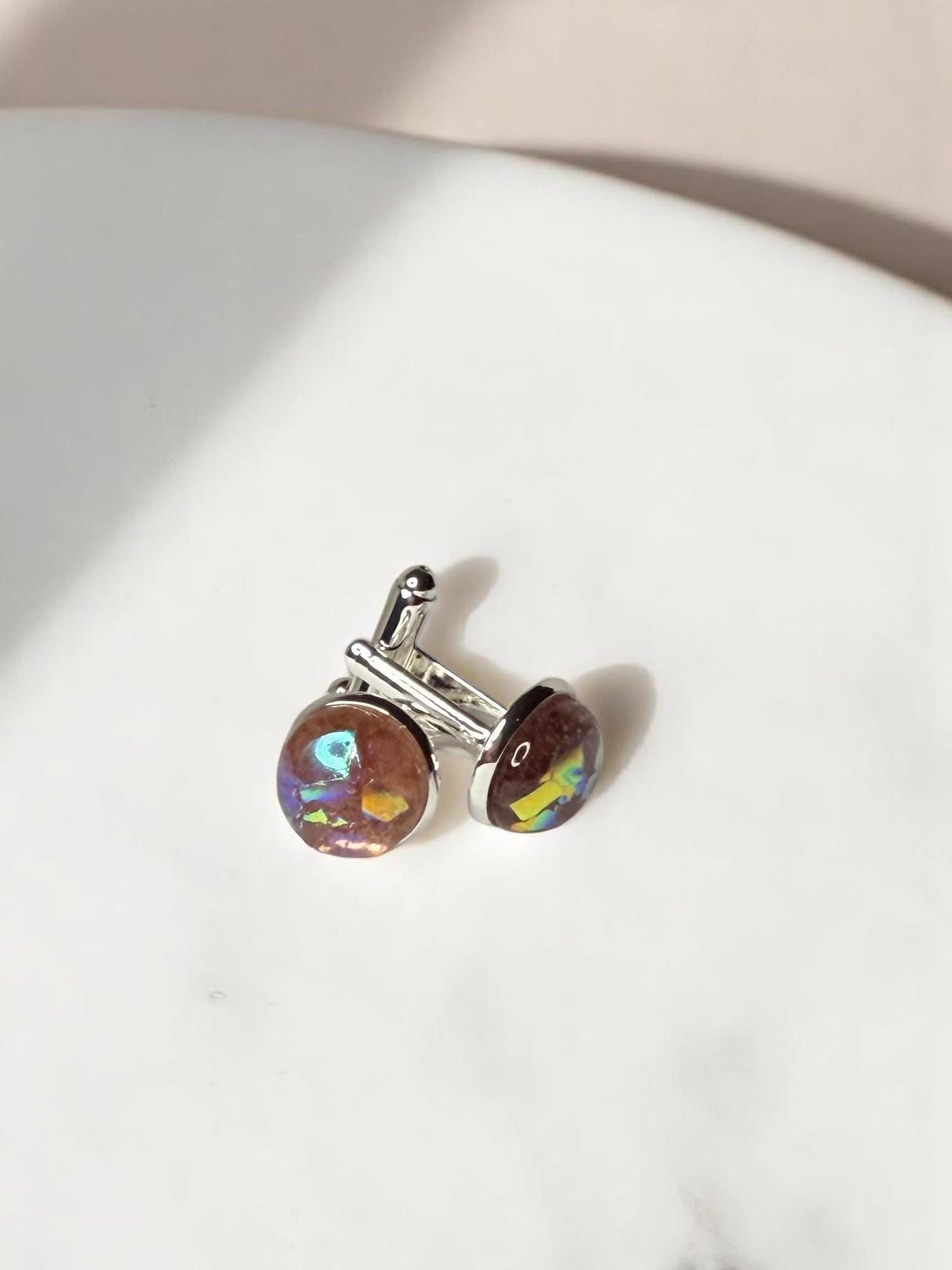 Silver Cuff Links, Pink Dichroic Glass 12mm cabachon