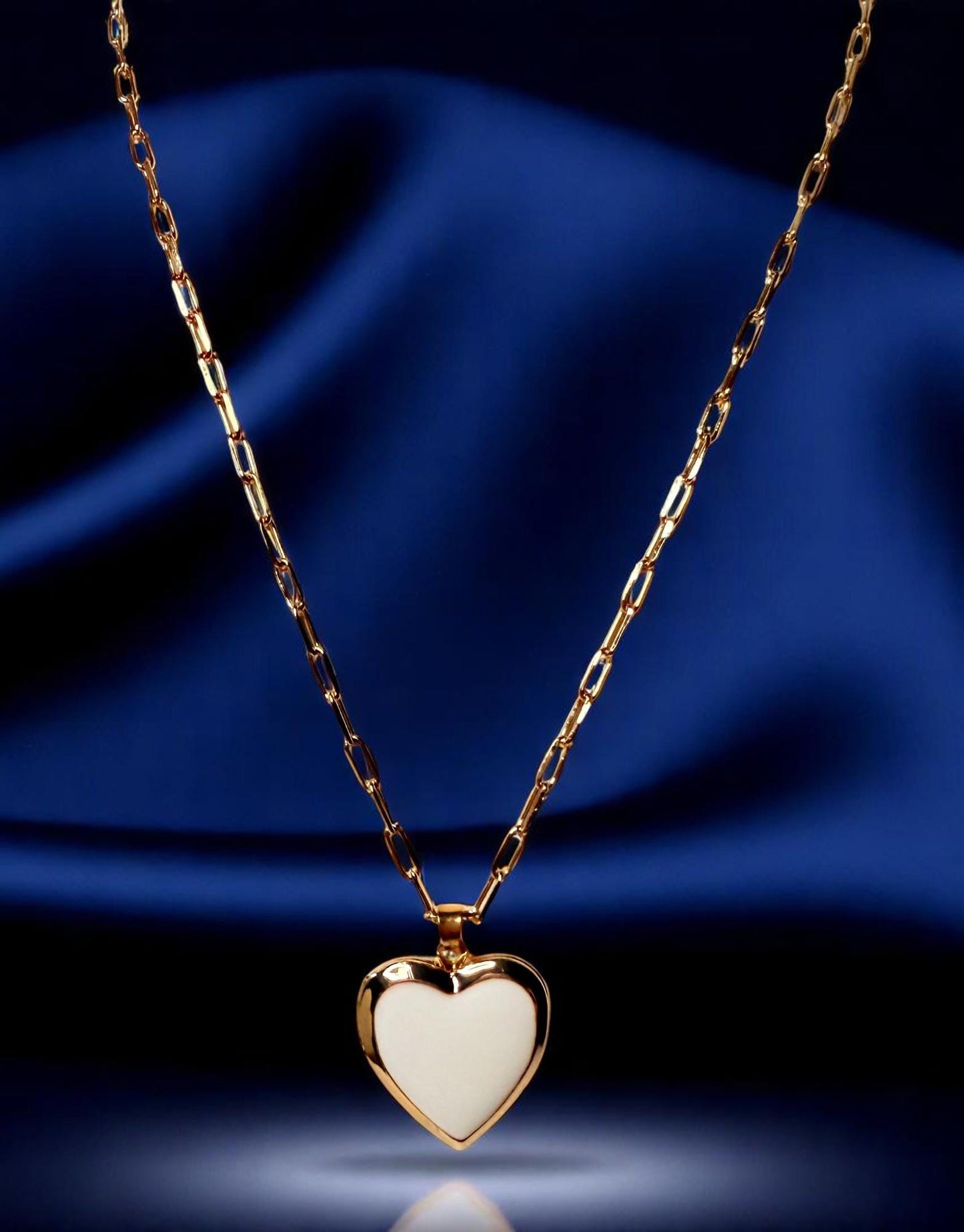 Gold and White Enamel Heart Locket Necklace on 18" Adjustable Paperclip Chain
