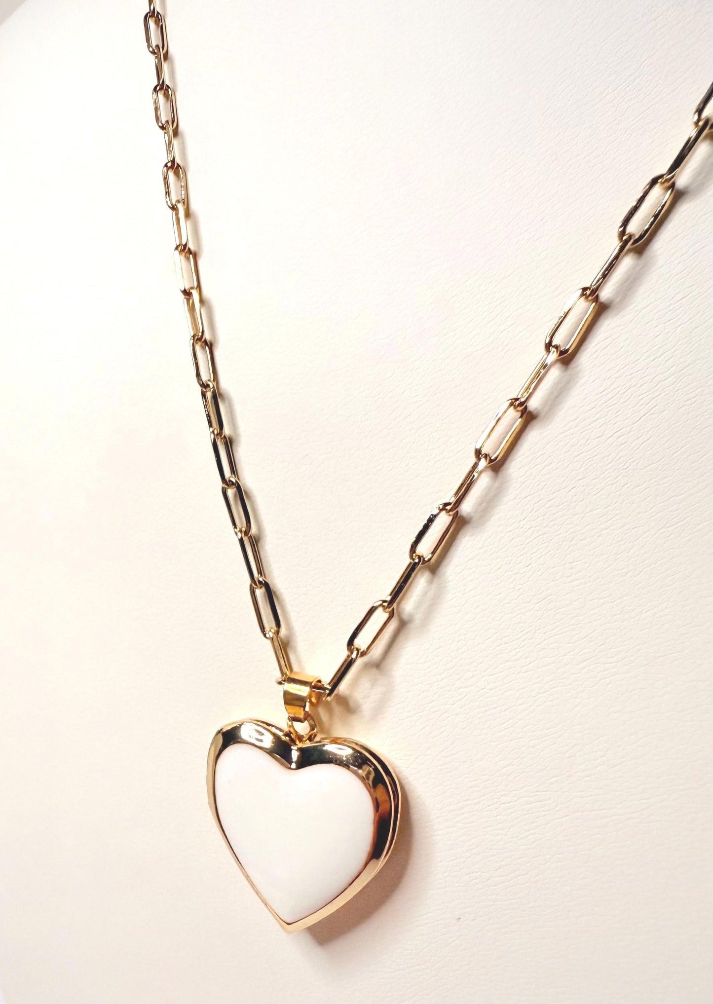Gold and White Enamel Heart Locket Necklace on 18" Adjustable Paperclip Chain