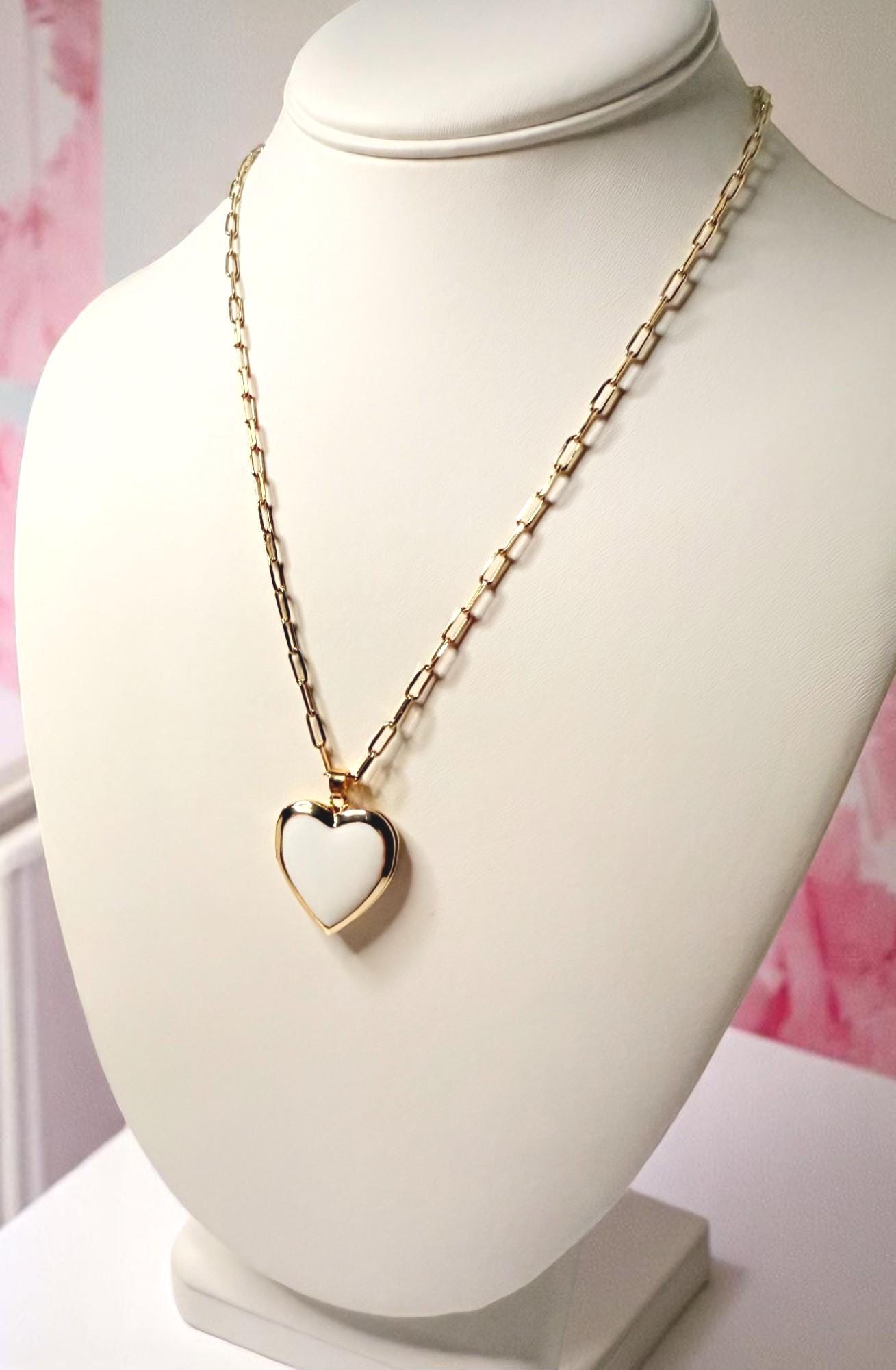 Gold and White Enamel Heart Locket Necklace on 18" Adjustable Paperclip Chain