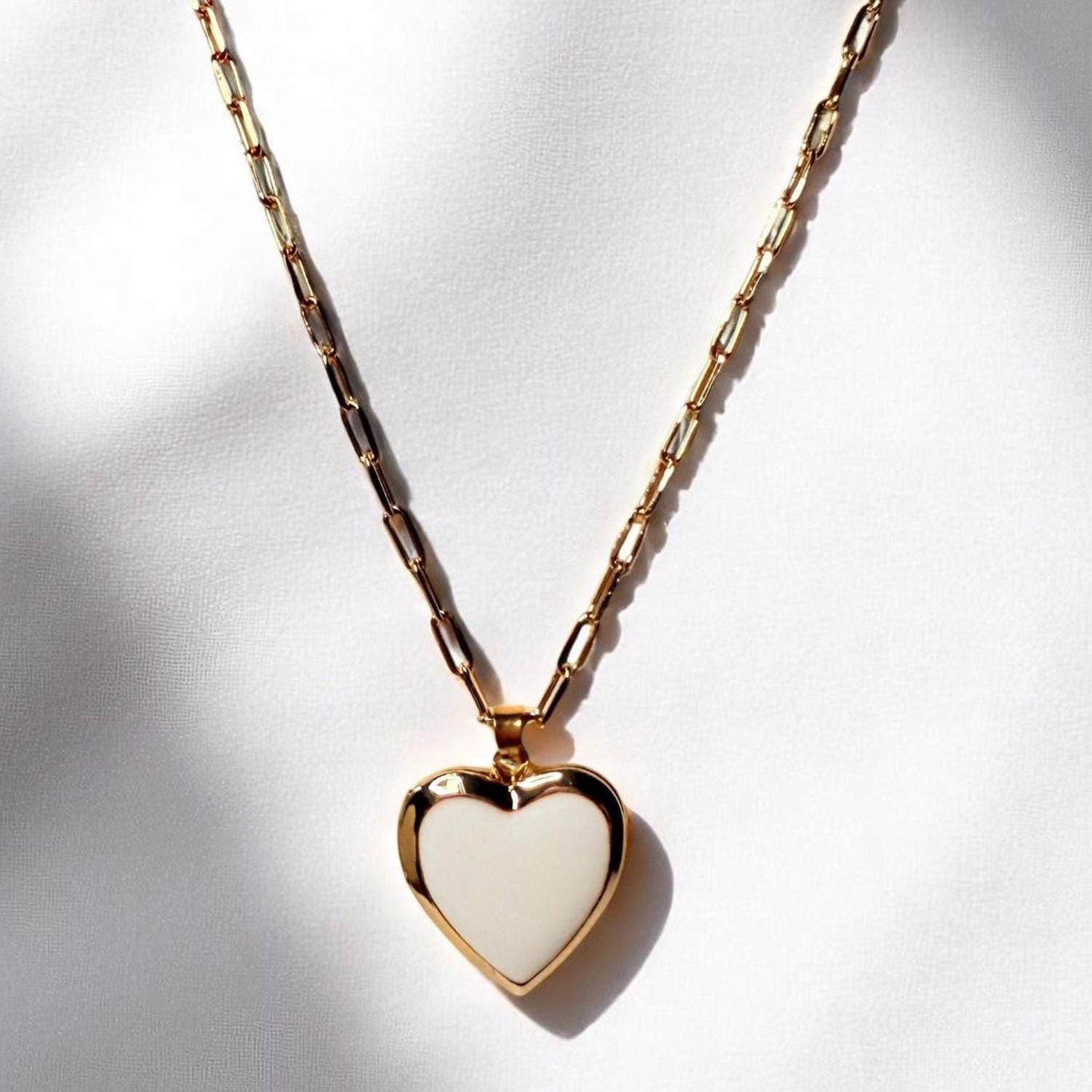 Gold and White Enamel Heart Locket Necklace on 18" Adjustable Paperclip Chain