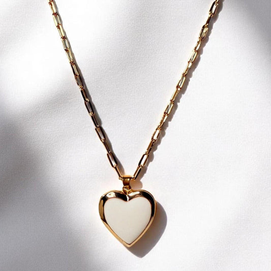 Gold and White Enamel Heart Locket Necklace on 18" Adjustable Paperclip Chain