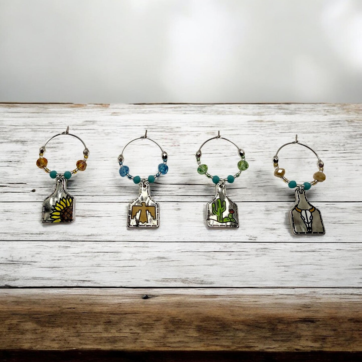 Western Silver Bottle Themed Wine Charms with crystal beading embelishments