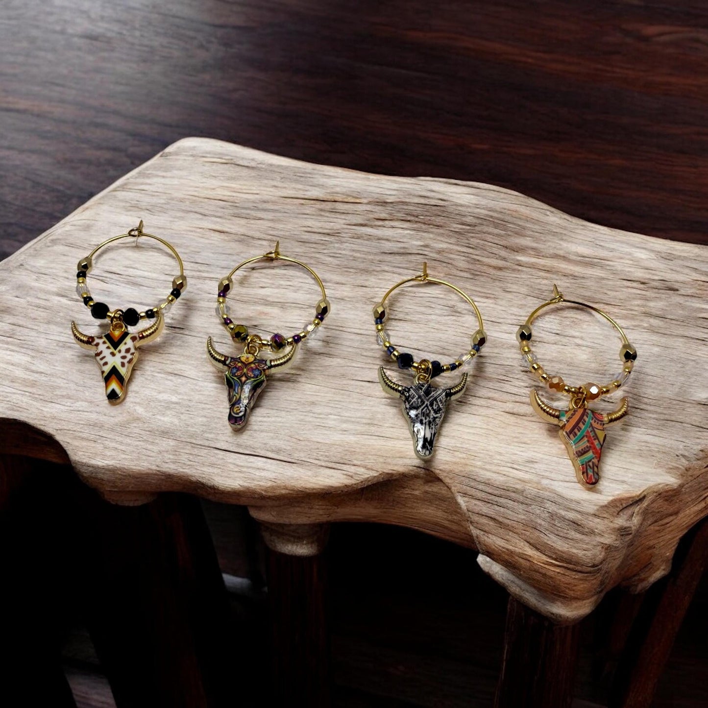 Western Themed Steer Wine Charms with tribal markings and crystal beading embelishments