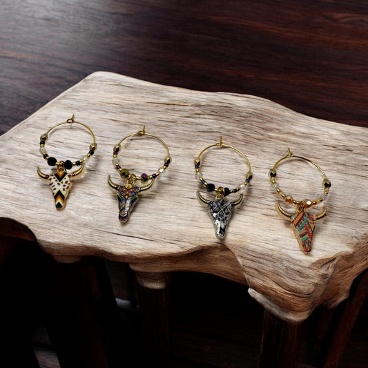 Western Themed Steer Wine Charms with tribal markings and crystal beading embelishments