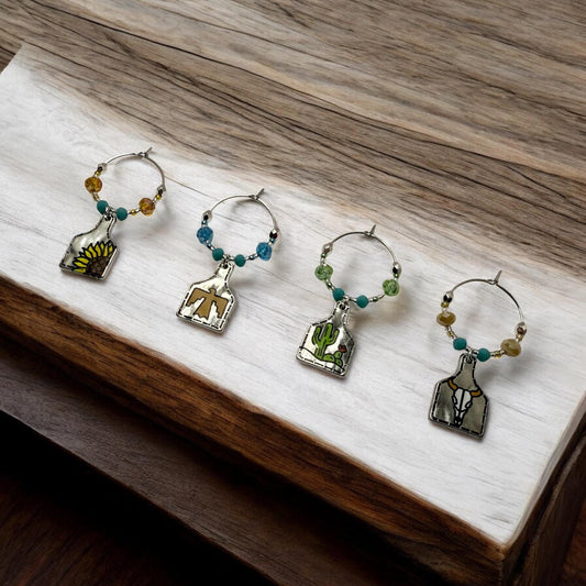 Western Silver Bottle Themed Wine Charms with crystal beading embelishments