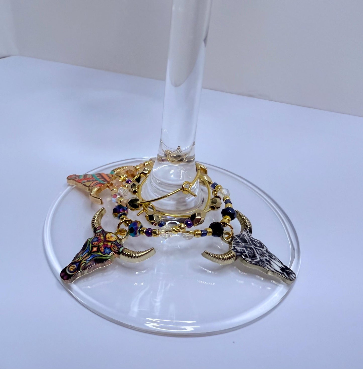 Western Themed Steer Wine Charms with tribal markings and crystal beading embelishments