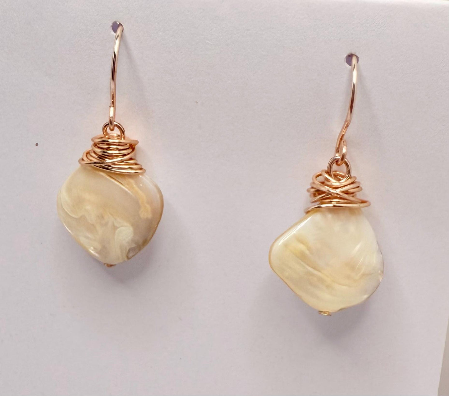 Romantic White and Gold Mother of  Oyster Shell Dangle Earrings set in Rose Gold