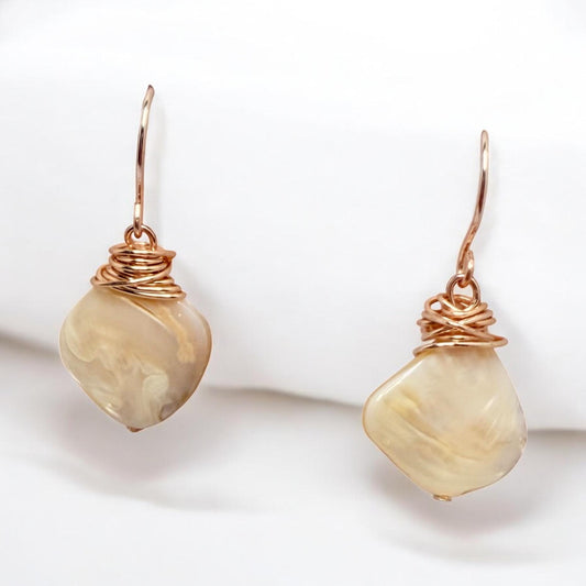 Romantic White and Gold Mother of  Oyster Shell Dangle Earrings set in Rose Gold