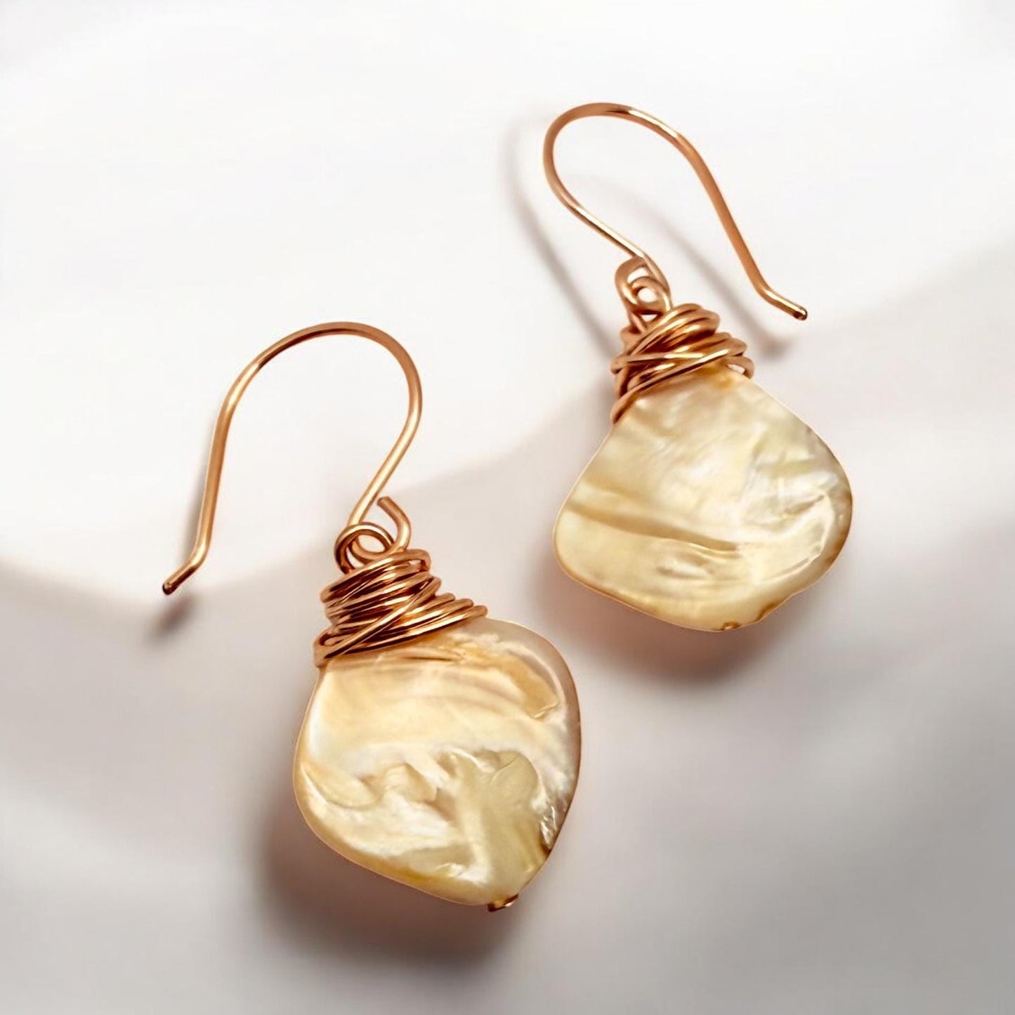 Romantic White and Gold Mother of  Oyster Shell Dangle Earrings set in Rose Gold