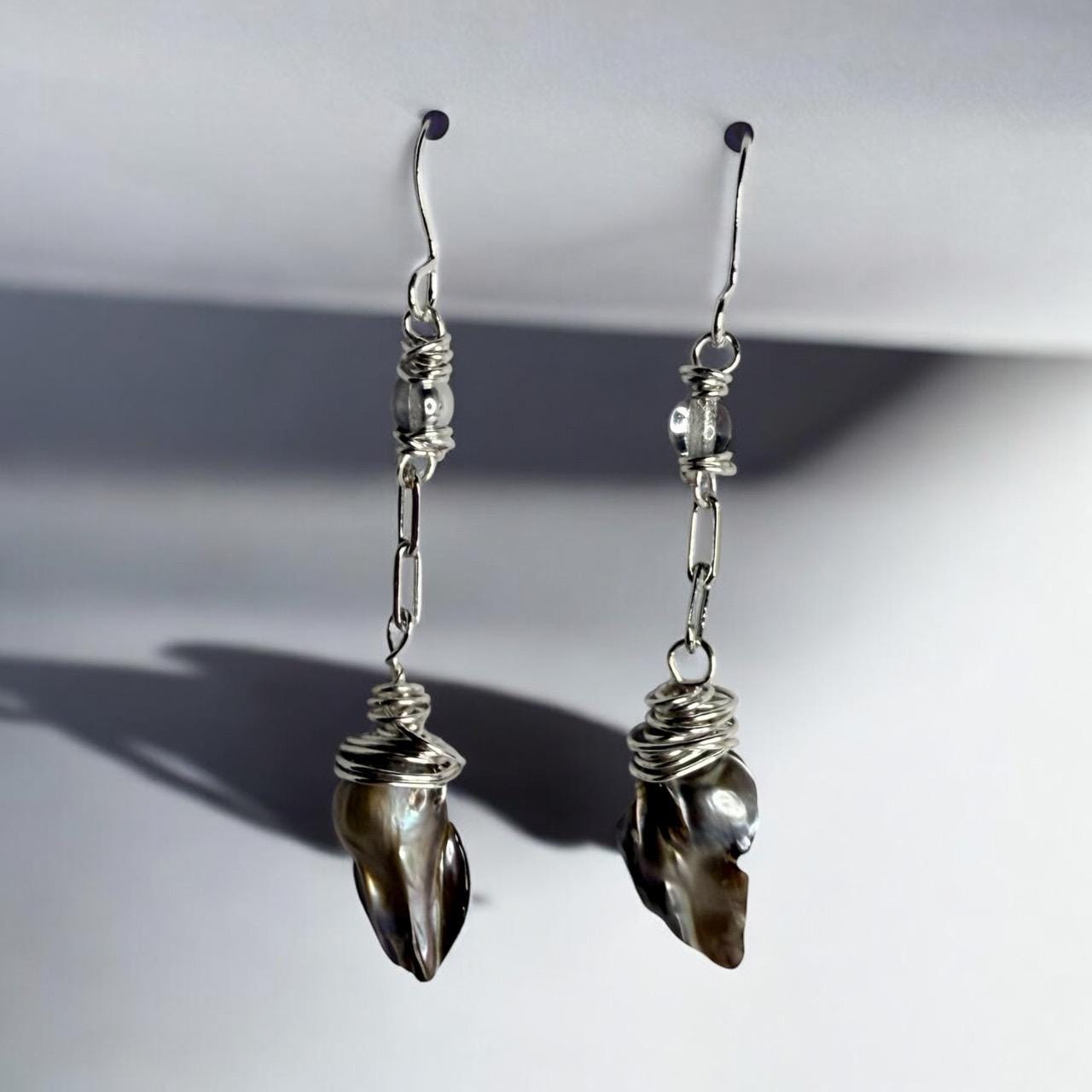 Peacock Baroque Pearl Drop Earrings on silver paperclip chain
