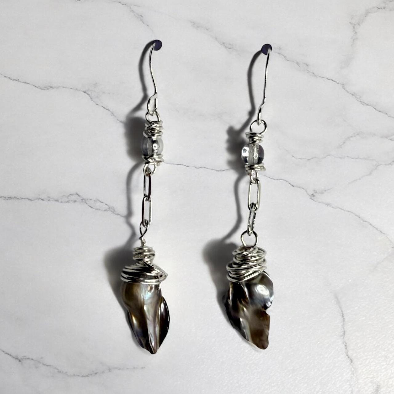 Peacock Baroque Pearl Drop Earrings on silver paperclip chain