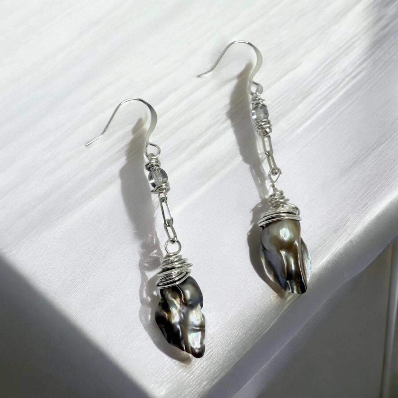 Peacock Baroque Pearl Drop Earrings on silver paperclip chain