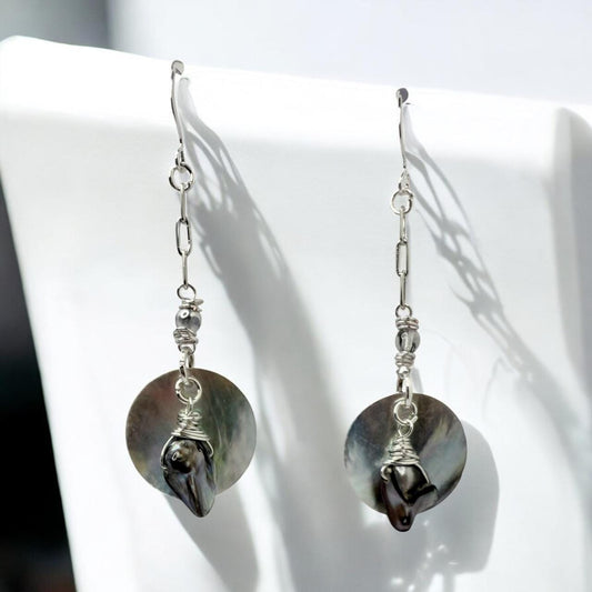 Baroque Peacock Pearl and Mussell Shell Drop Earrings in Silver