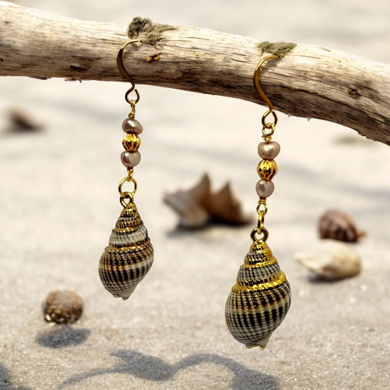 Nassau Shell Dangle Earrings with Freshwater Pearl and Gold Beading