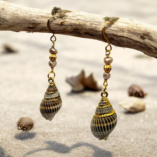 Nassau Shell Dangle Earrings with Freshwater Pearl and Gold Beading