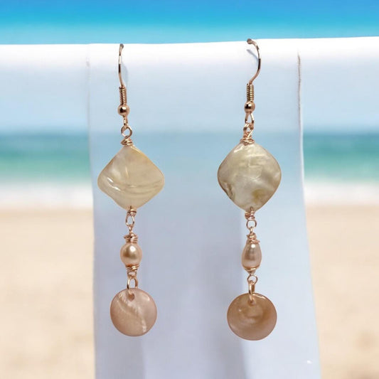 Mother-of-Pearl and Freshwater Pearl Dangle Earrings on Rose Gold findings