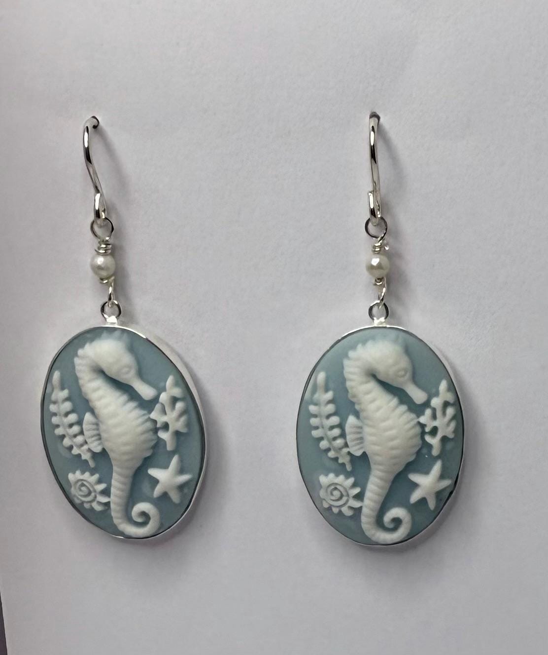 Seahorse Lucite Cabochon Earrings with Freshwater Pearl set in Sterling Silver