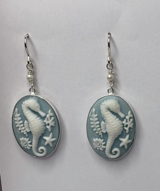 Seahorse Lucite Cabochon Earrings with Freshwater Pearl set in Sterling Silver