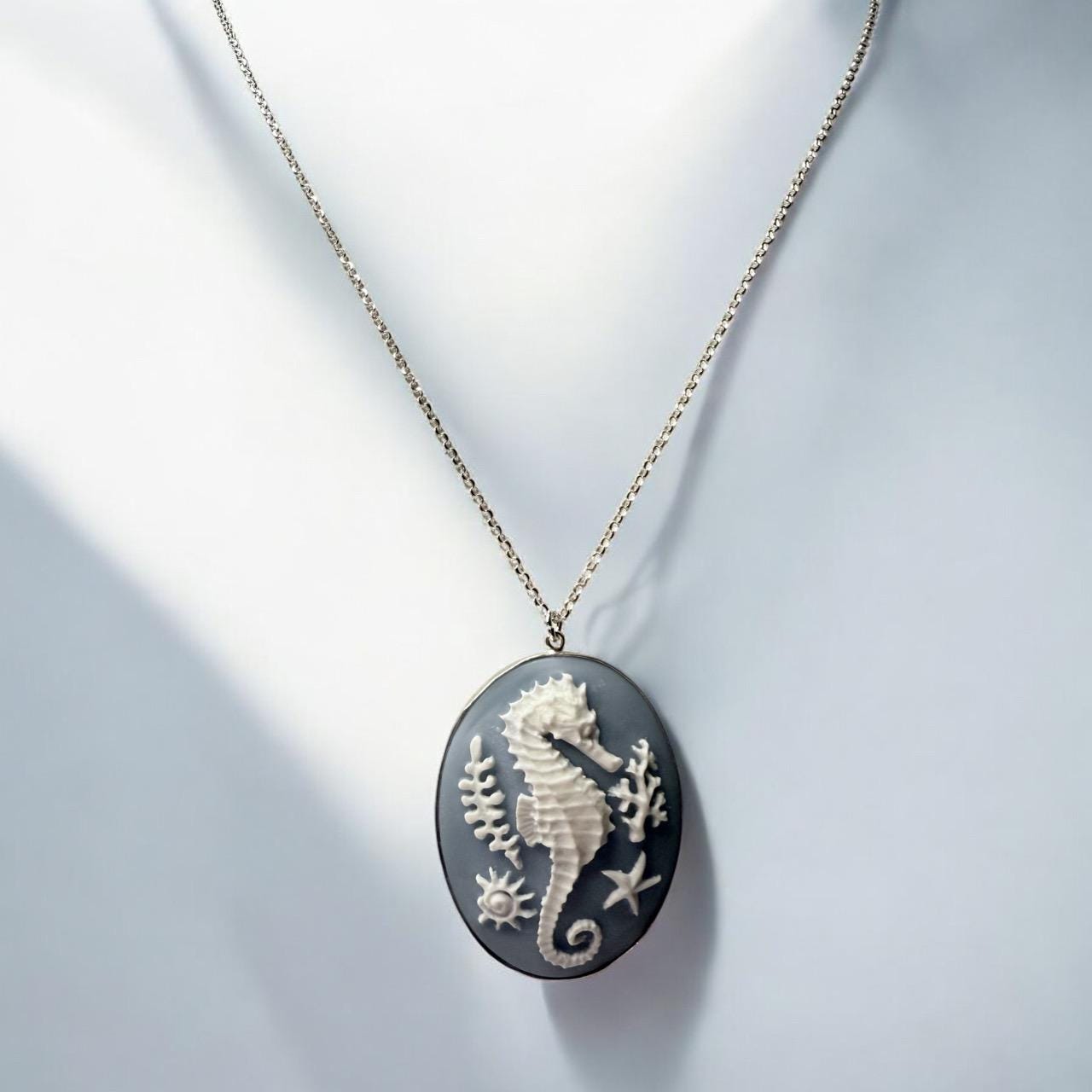 Seahorse Lucite Cabochon Pendant Necklace set on Sterling Silver on 18 inch chain