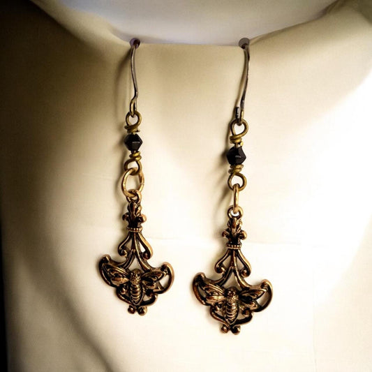 Vintage Style Antiqued finish Bee Dangle Earrings with Jet Gemstone Bicone