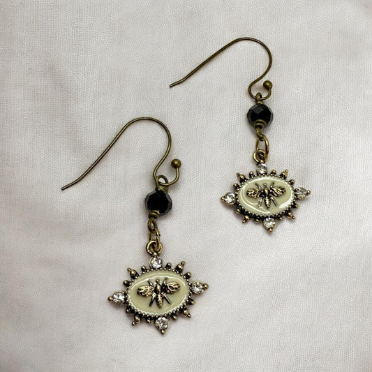 Vintage Style White Enamel oval earrings gold bee and white rhinestones