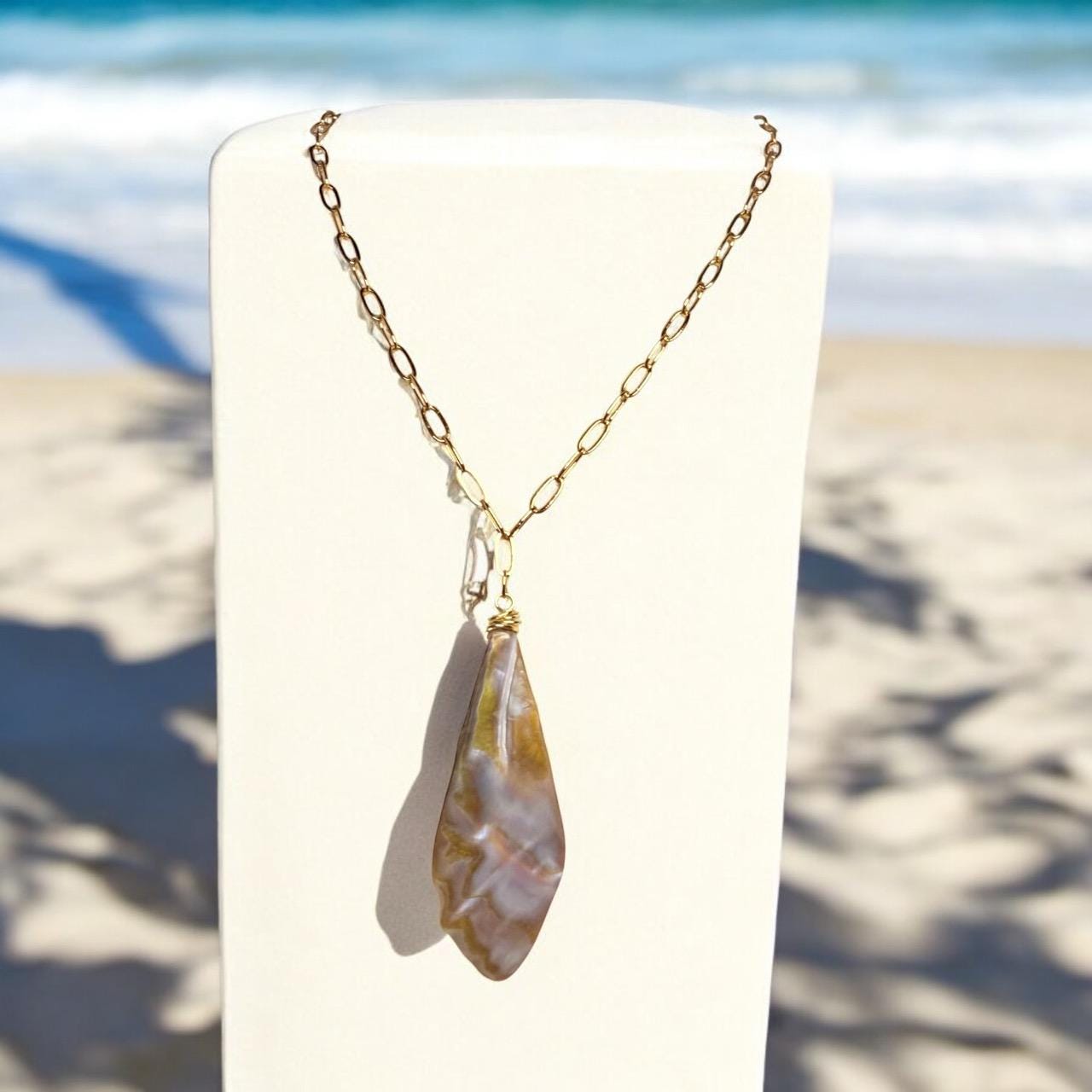 Stunning Mother-of-Pearl Leaf Pendant on gold tone paperclip chain