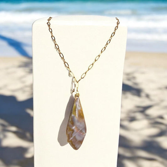 Stunning Mother-of-Pearl Leaf Pendant on gold tone paperclip chain