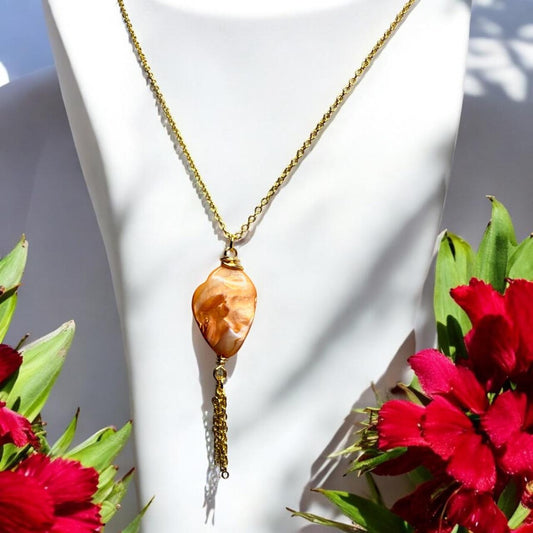 Vibrant Orange Oyster Shell Pendant on Gold  curb chain with gold chain tassle,  18 inch length