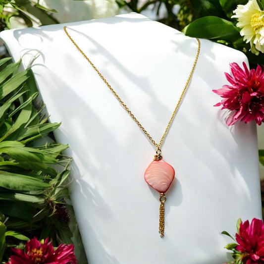 Vibrant Red Oyster Shell Pendant on Gold  curb chain with gold chain tassle,  18 inch length
