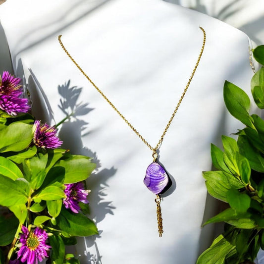Brilliant Purple Oyster Shell Pendant on Gold  curb chain with gold chain tassle,  18 inch length