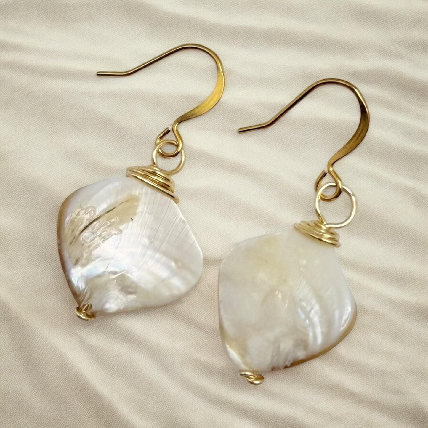 Stunning White and Gold Mother of  Oyster Shell Dangle Earrings