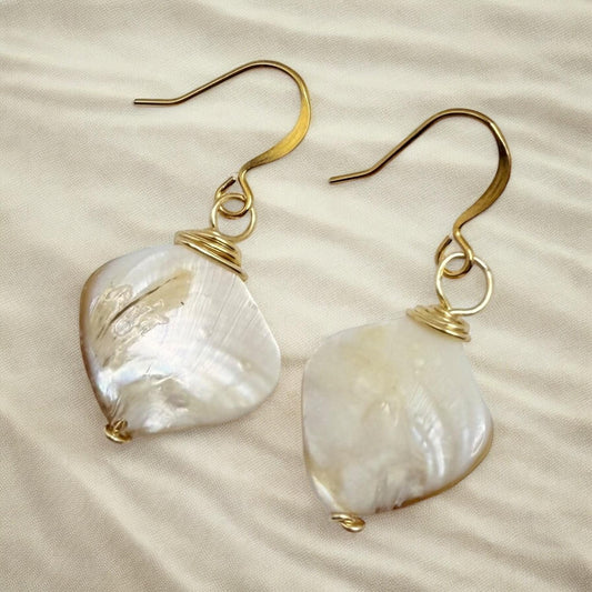 Stunning White and Gold Mother of  Oyster Shell Dangle Earrings