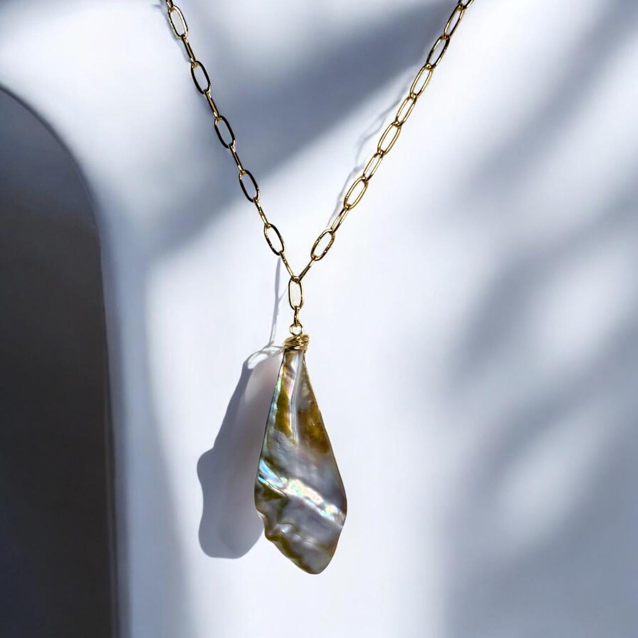 Stunning Mother-of-Pearl Leaf Pendant on gold tone paperclip chain