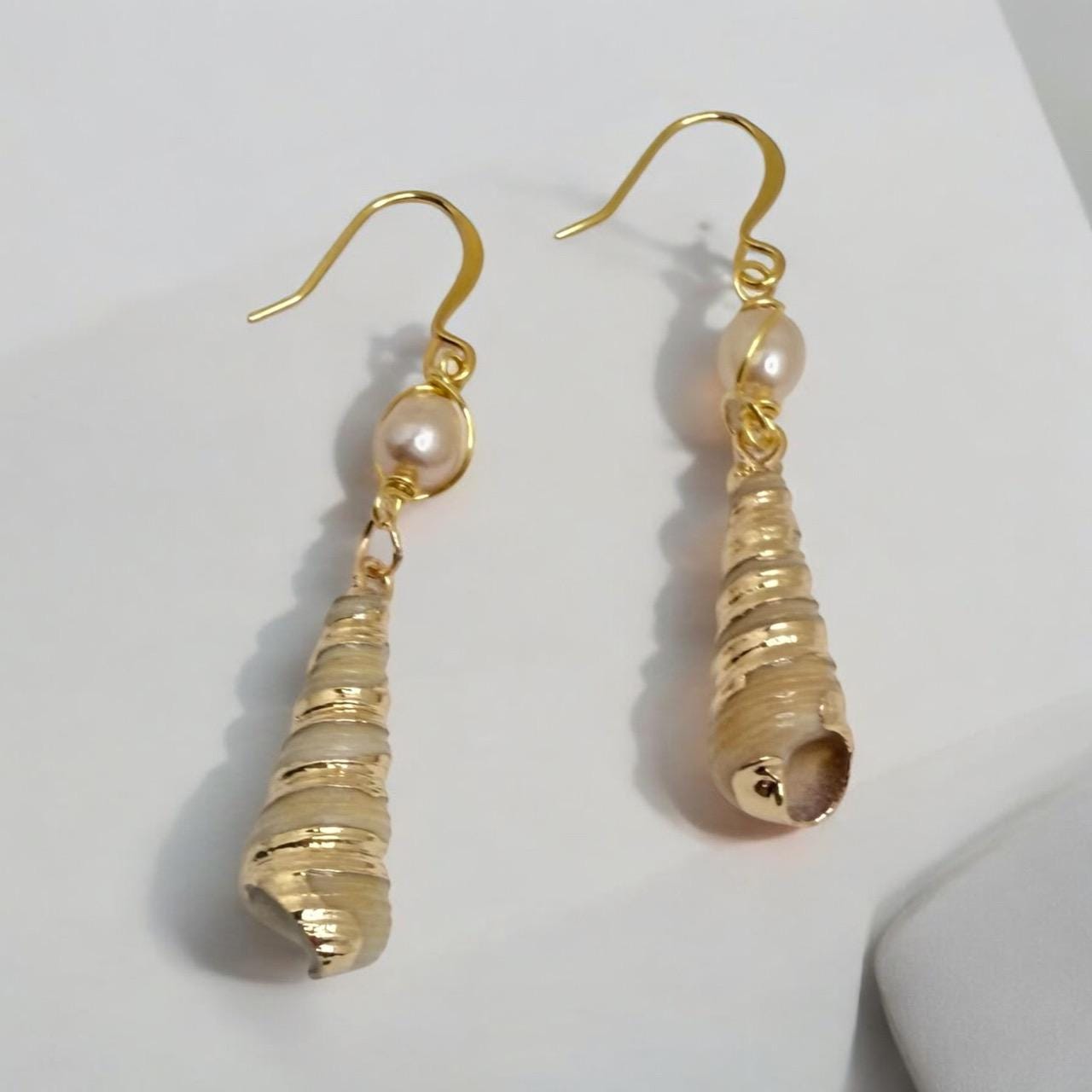 Tower Shell and Freshwater Pearl Dangle Earrings