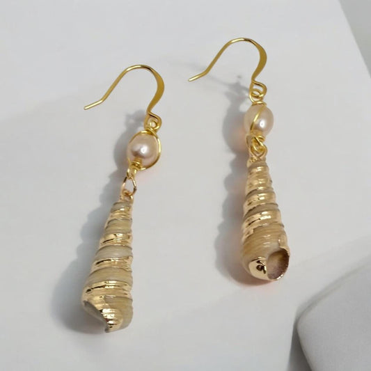 Tower Shell and Freshwater Pearl Dangle Earrings