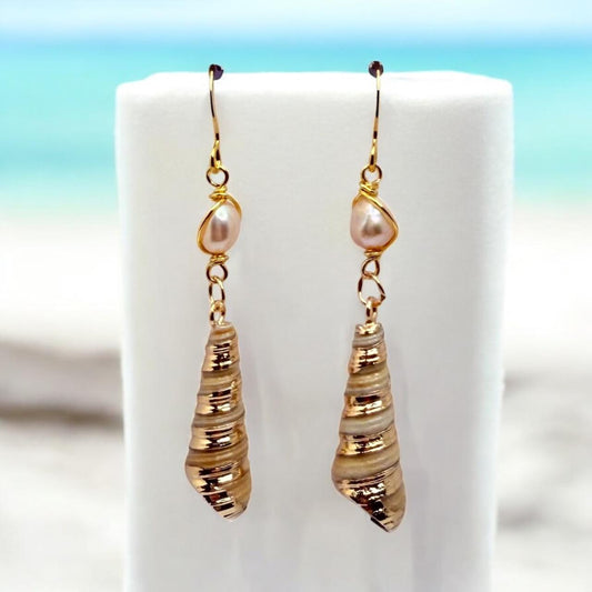 Tower Shell and Freshwater Pearl Dangle Earrings