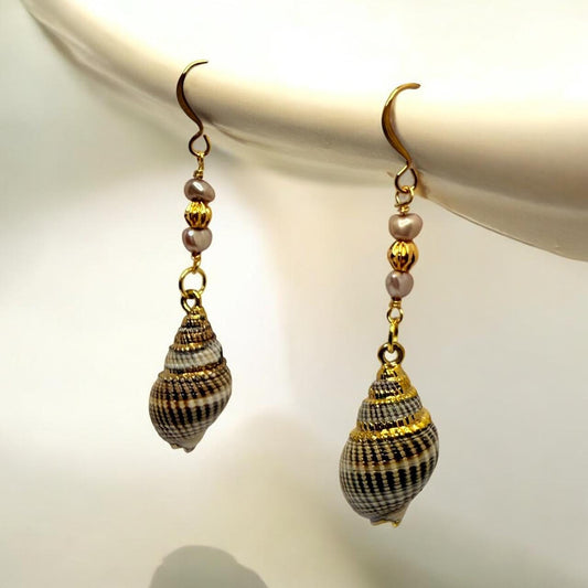 Nassau Shell Dangle Earrings with Freshwater Pearl and Gold Beading