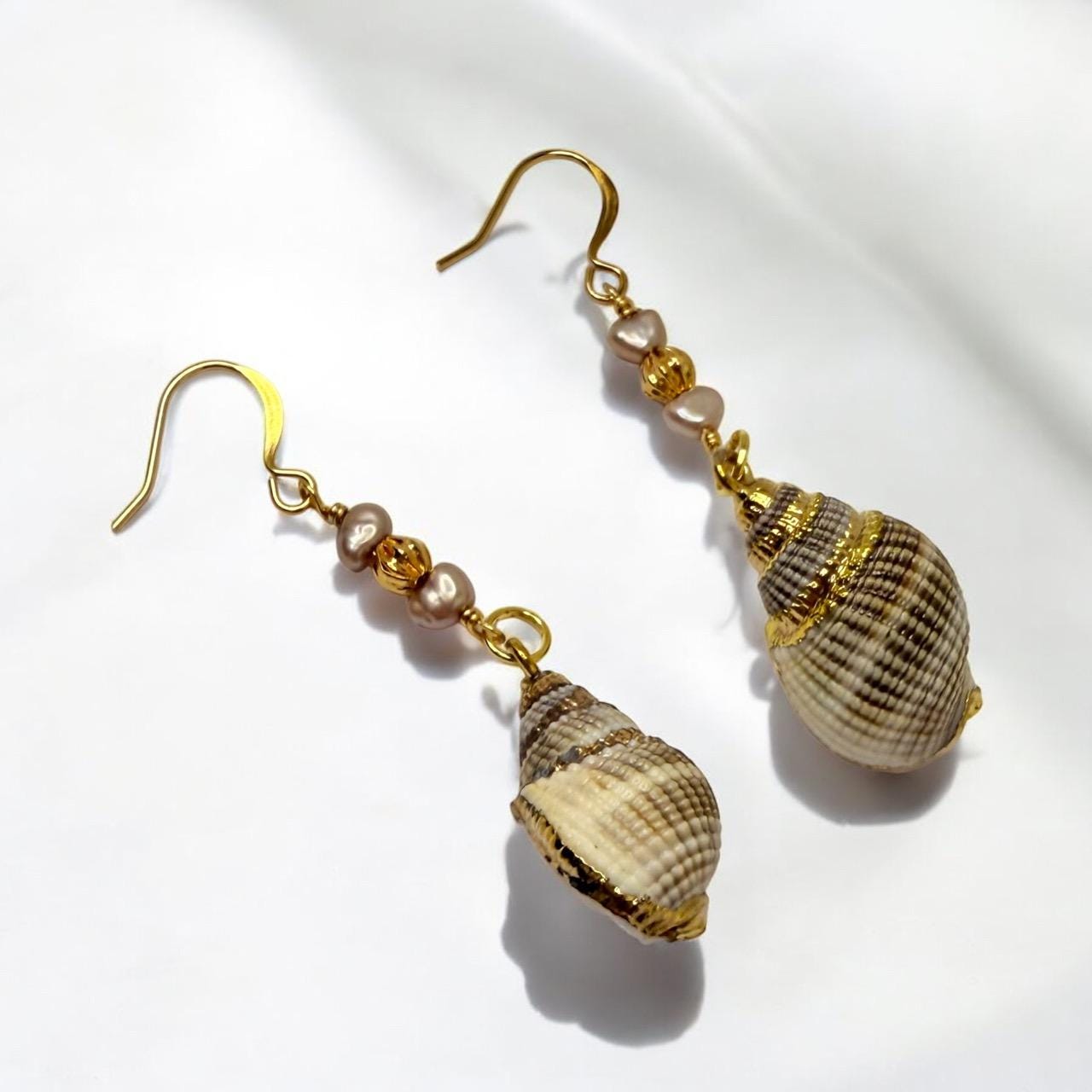 Nassau Shell Dangle Earrings with Freshwater Pearl and Gold Beading