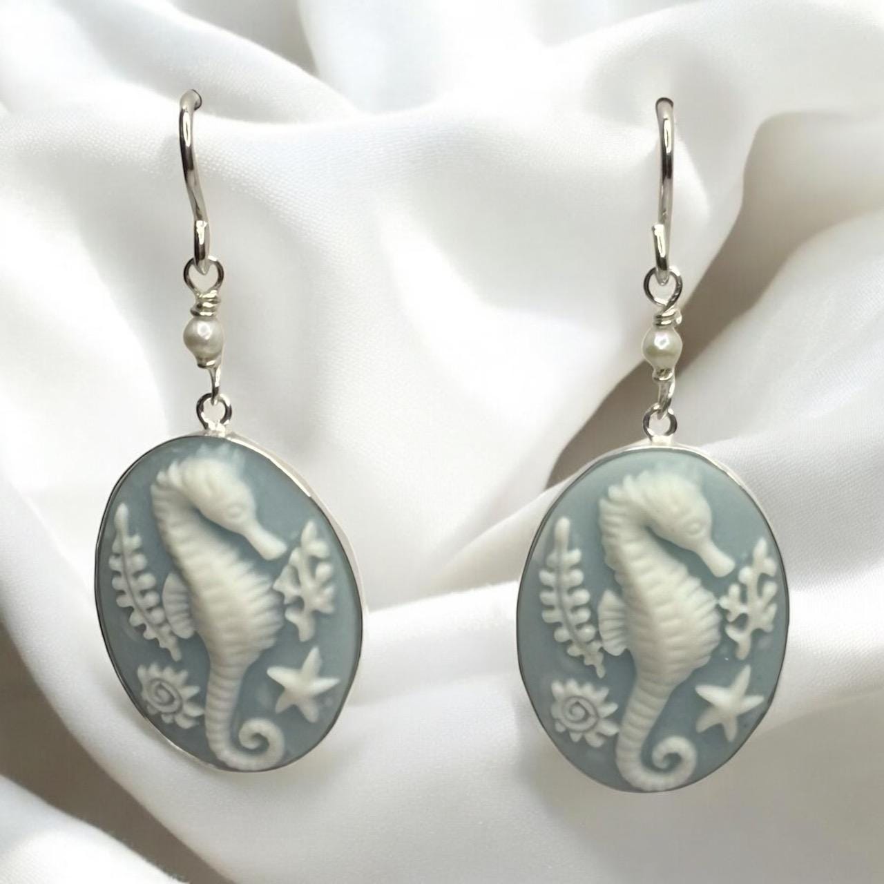 Seahorse Lucite Cabochon Earrings with Freshwater Pearl set in Sterling Silver