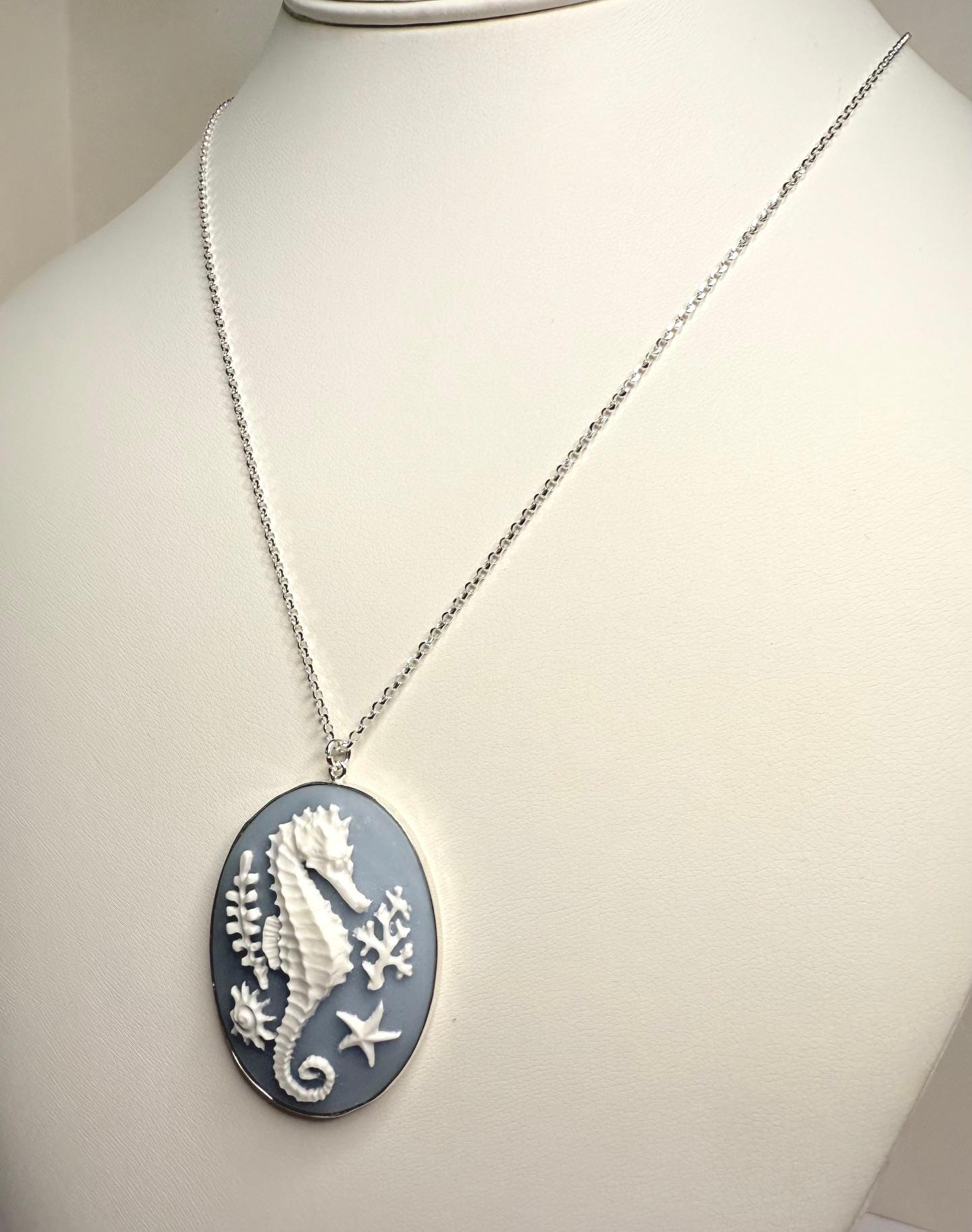 Seahorse Lucite Cabochon Pendant Necklace set on Sterling Silver on 18 inch chain